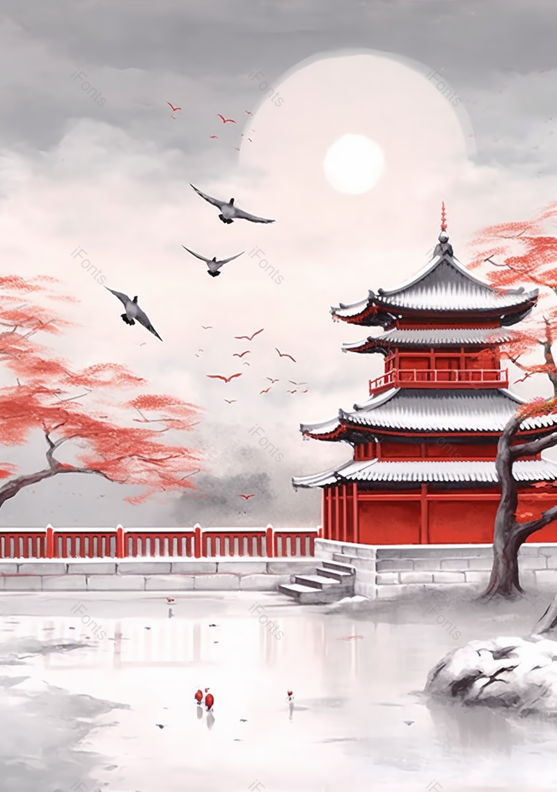 大寒寒冷下雪天城楼古代建筑飞鸟红色古典传统风景宁静背景,插画/手绘图,插画/手绘图库,插画/手绘图下载,插画/手绘